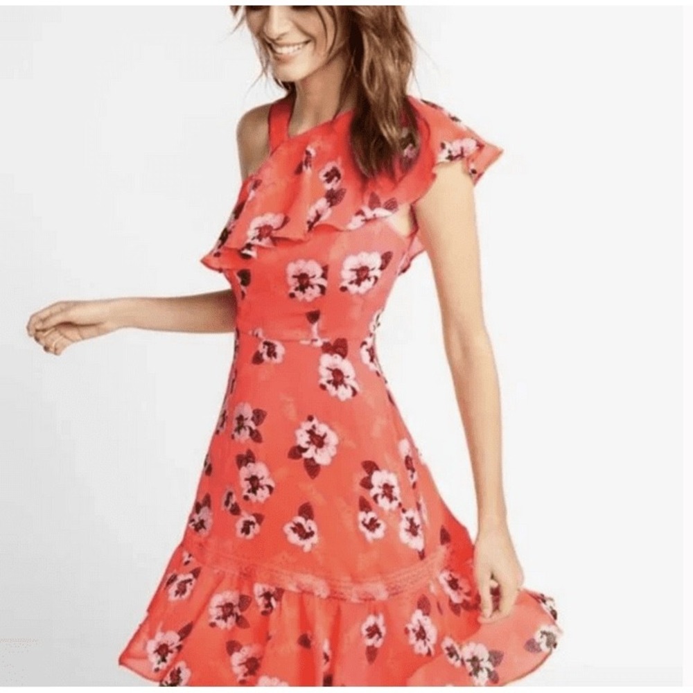 Express One‎ Shoulder Ruffle Floral Mini Dress Coral Orange Size 2
